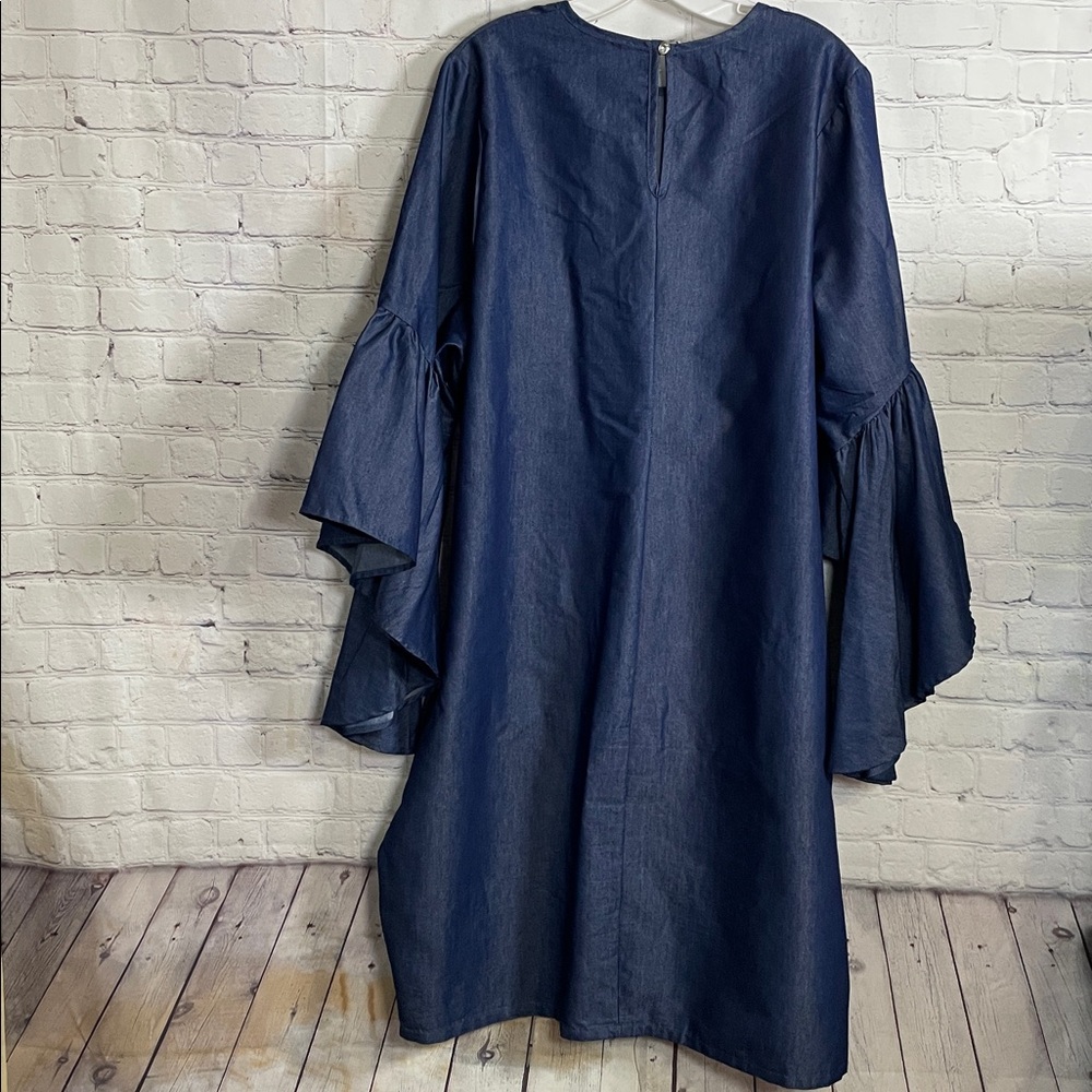 Ouum Dark Blue Jean Long Straight Casual Sheath Dress Flared Ruffle Sleeves - Picture 7 of 9